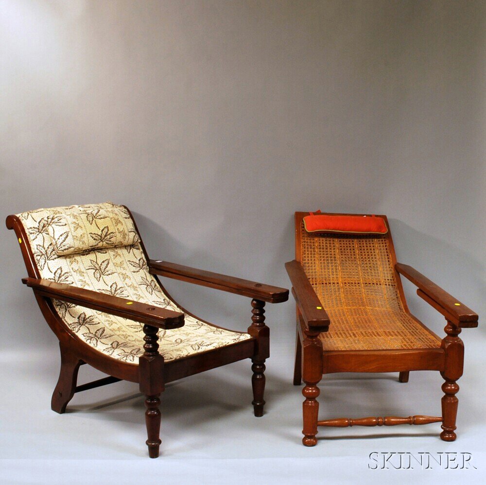 Two Colonial-style Hardwood Plantation Chairs, an uphol: Two Colonial-style Hardwood Plantation Chairs, an upholstered mahogany and a caned teak, lg. 47 and 50 in., respectively.