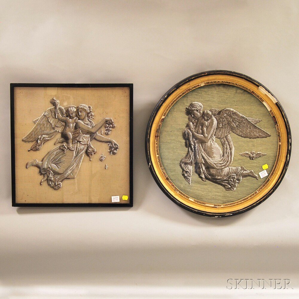 Two Framed 19th Century Classical Revival Beadwork Figu: Two Framed 19th Century Classical Revival Beadwork Figural Panels, sight lg. 17 3/8 and circular dia. 17 3/4 in.