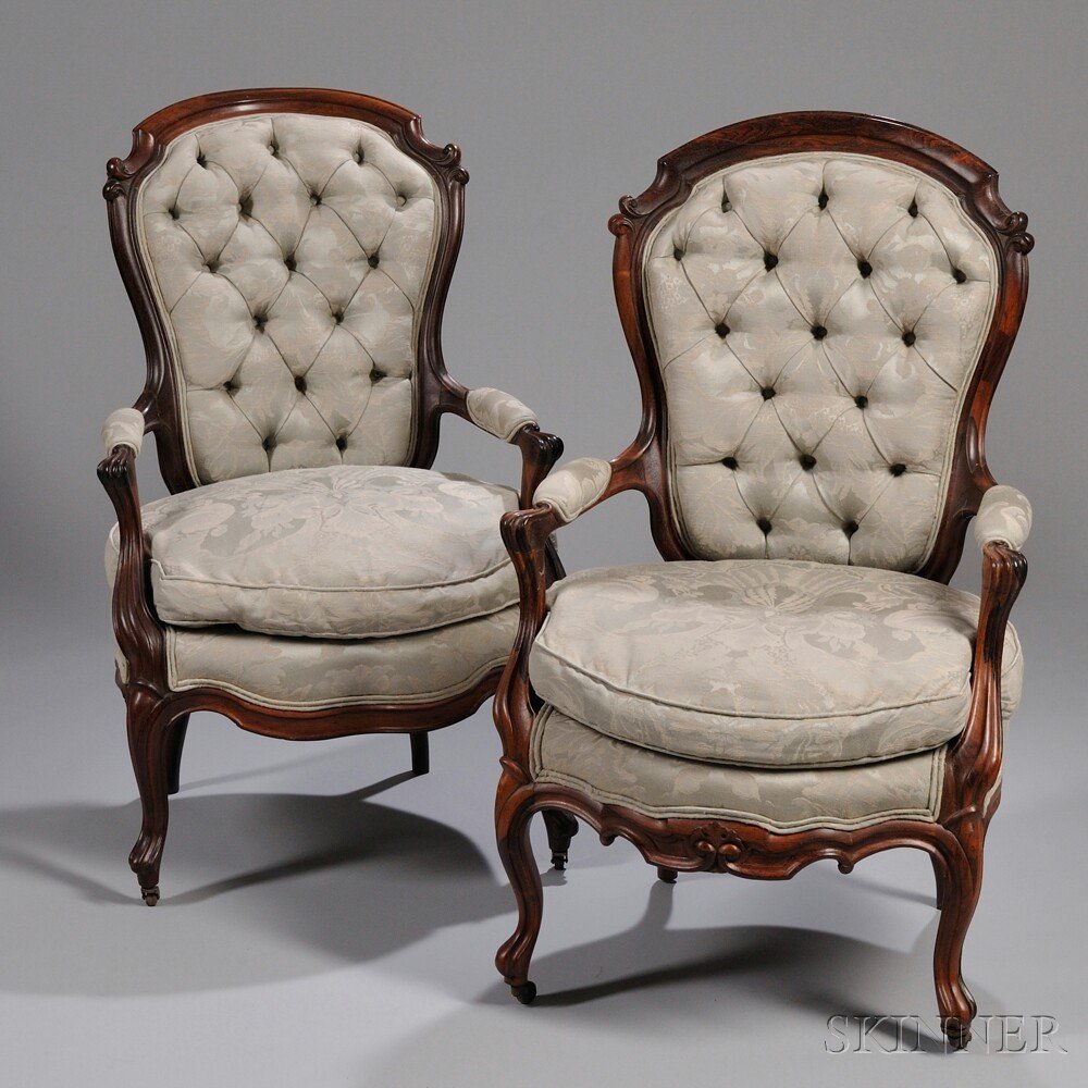 Pair of Victorian Rococo Revival Tufted Damask Upholste: Pair of Victorian Rococo Revival Tufted Damask Upholstered Carved Rosewood Parlor Armchairs.