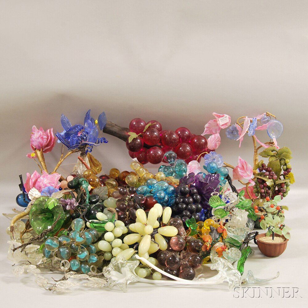 Collection of Mostly Glass and Hardstone Grapes and Flo: Collection of Mostly Glass and Hardstone Grapes and Flower Groups, approx. twenty-five glass bunches of grapes, twelve floral groups, and nine mostly Chinese hardstone bunches of grapes.