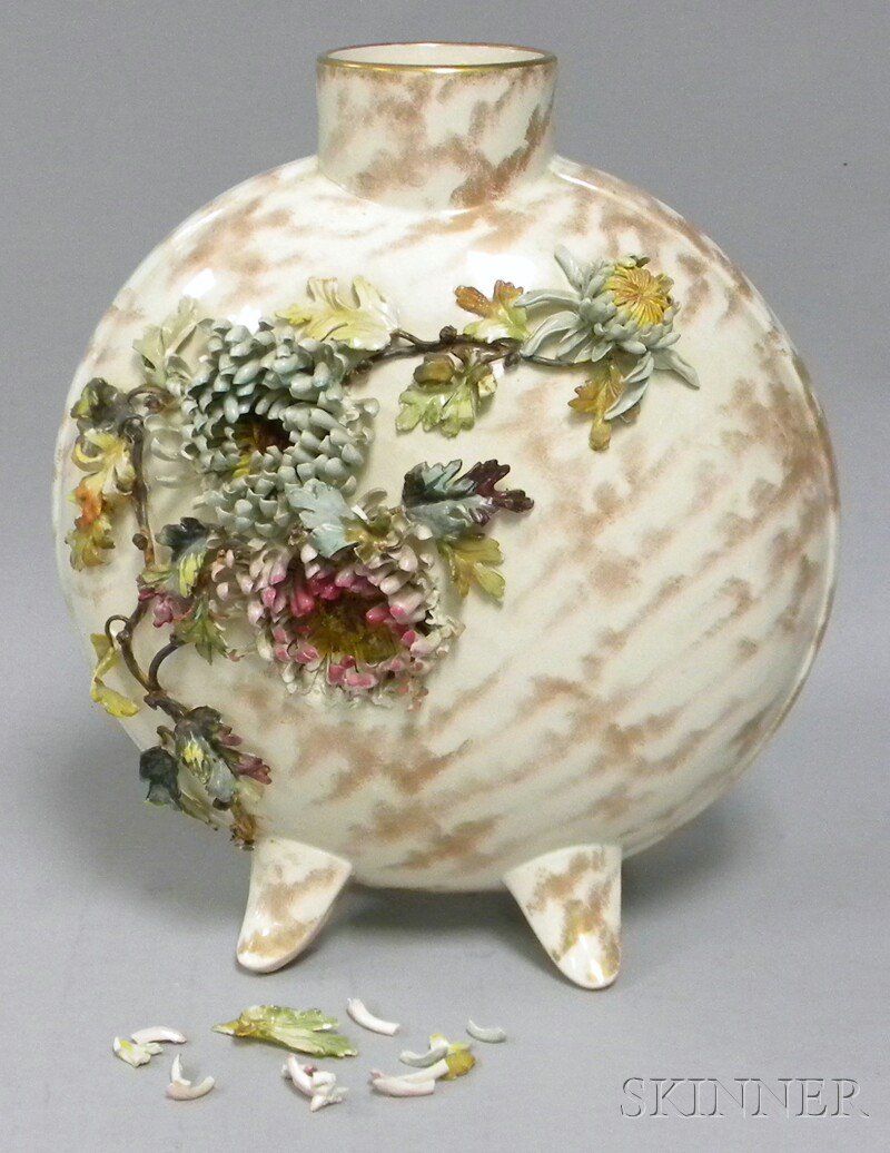 Large Doulton Art Faience Pottery Chrysanthemum-decorat: Large Doulton Art Faience Pottery Chrysanthemum-decorated Footed Moon Vase, impressed marks, (some damage), ht. 13 1/2 in.