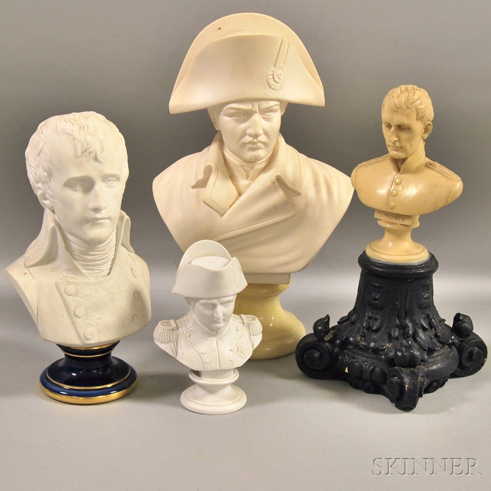 Four Busts Depicting Napoleon, a bisque porcelain depic: Four Busts Depicting Napoleon, a bisque porcelain depicting "Napoleon Consul" with a Dore Sevres porcelain pedestal base, a plaster bust with onyx base, a Meissen-style bisque porcelain, and a resin b