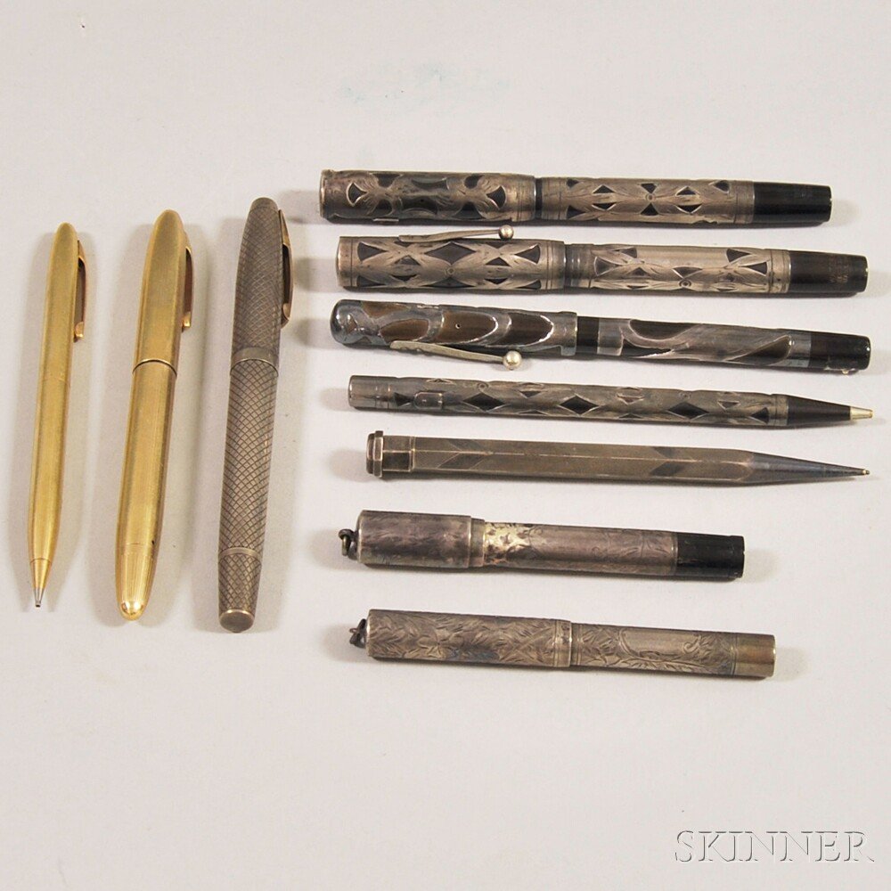 Ten Vintage Sterling Silver, Sterling Silver Overlay, a: Ten Vintage Sterling Silver, Sterling Silver Overlay, and 14kt Gold Fountain Pens and Mechanical Pencils, eight silver and silver overlay including Watermans and Sheaffer, and a 14kt Sheaffer pen and 