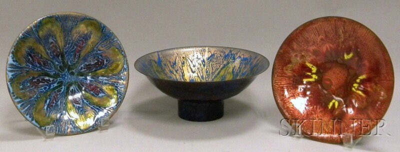 Four Assorted Tableware Items, a modern enameled copper: Four Assorted Tableware Items, a modern enameled copper compote, two dishes signed "Haskell," dia. 8, and a large Japanese blue and white carp-decorated ceramic charger, (repair), dia. 22 7/8 in.