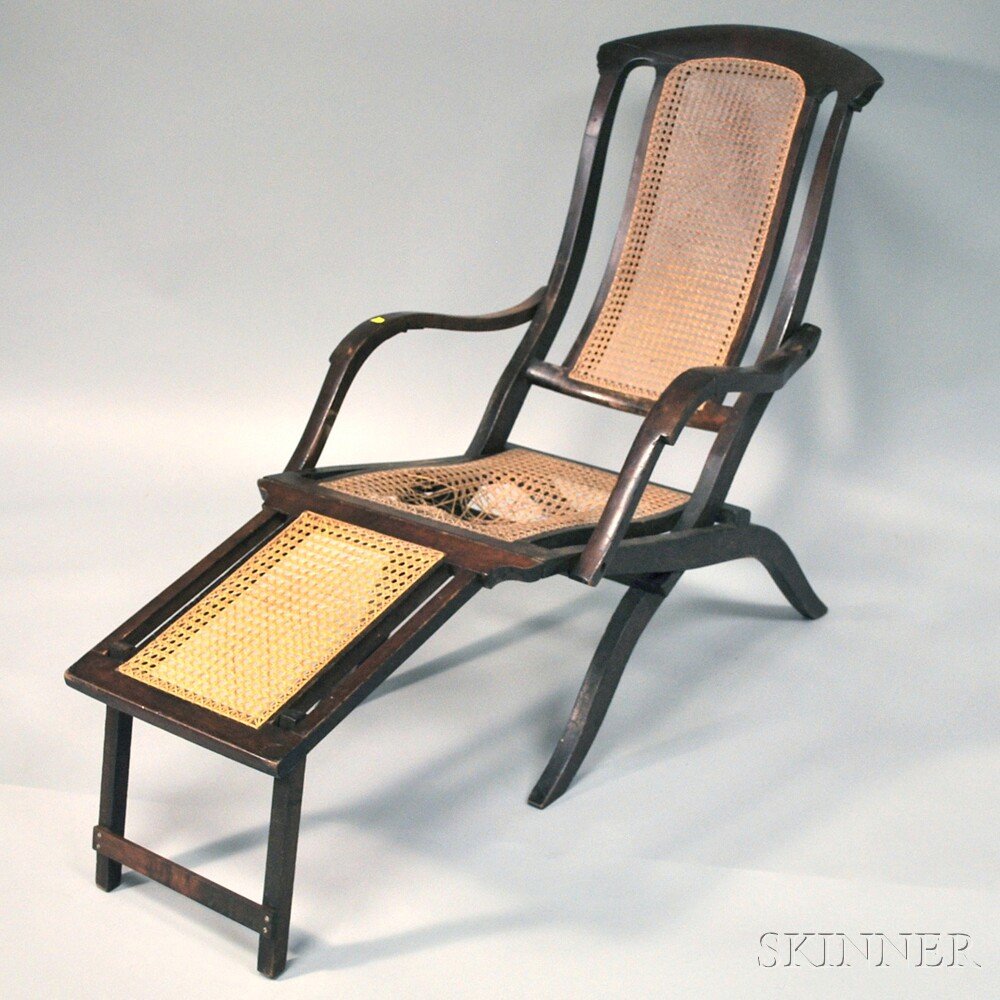 Late 19th Century Caned Walnut Folding Deck Chair.: Late 19th Century Caned Walnut Folding Deck Chair.