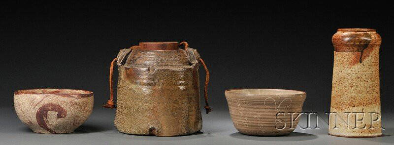 Four Pieces of American Studio Art Pottery, a William W: Four Pieces of American Studio Art Pottery, a William Wyman (Massachusetts, 1922-1980) stoneware vase with interior gray glaze, the exterior with brown accents, incised signature "Wyman 99" to base; a