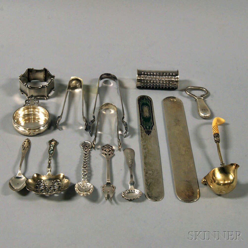 Small Group of Assorted Sterling Silver and Silver-plat: Small Group of Assorted Sterling Silver and Silver-plated Flatware and Tableware, two sterling page turners, one enamel-decorated, Thomae Company, the other Towle, an ivory-handled Whiting sterling sa