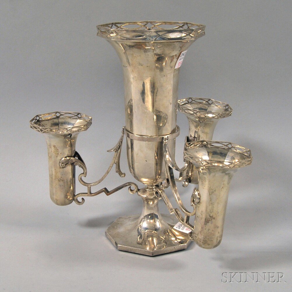 George V Sterling Silver Three-arm Epergne, Sheffield,: George V Sterling Silver Three-arm Epergne, Sheffield, England, 1914-15, Walker & Hall, makers, with a central trumpet-form removable vase and three small vases attached to the stand, weighted base, h