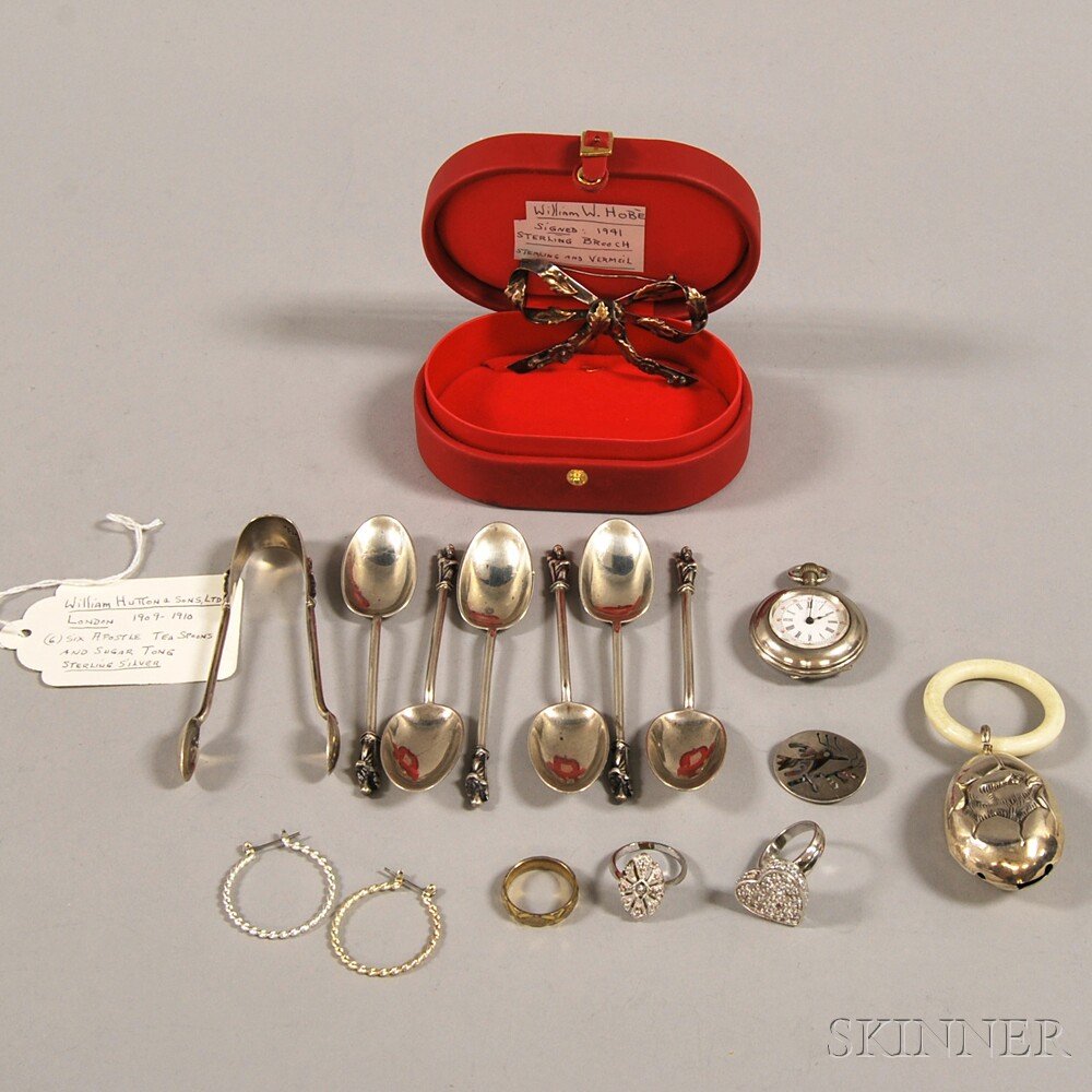 Small Group of Mostly Silver Items, a set of six apostl: Small Group of Mostly Silver Items, a set of six apostle demitasse spoons, London, 1910, William Hutton & Sons, a pair of sugar tongs, London, 1909, a Hobe sterling silver ribbon brooch, a baby rattle