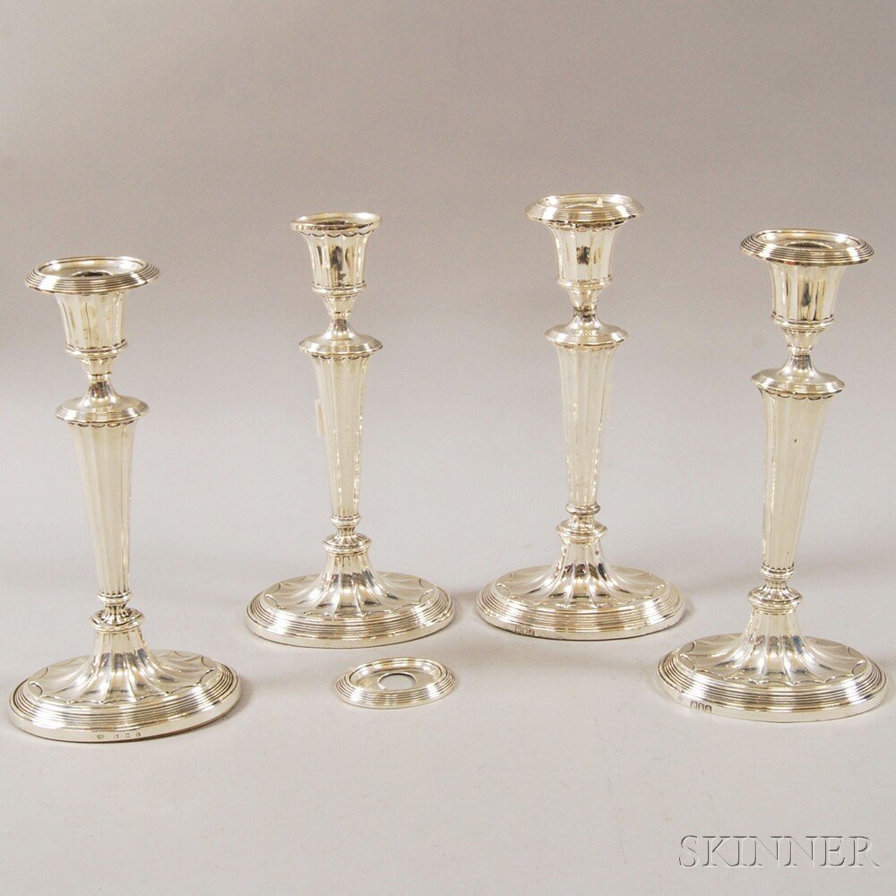 Suite of Four Weighted English Silver Candlesticks, 19t: Suite of Four Weighted English Silver Candlesticks, 19th century, two with marks for London, 1899, Charles Stuart Harris, maker, the other two with marks for Edinburgh, 1895, Hamilton & Inches, makers
