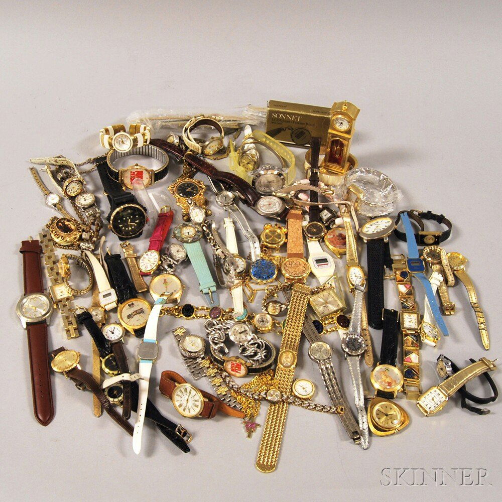 Large Group of Mostly Fashion Wristwatches, assorted ma: Large Group of Mostly Fashion Wristwatches, assorted makers including Pulsar, Benrus, Fossil, Caravelle, and others.