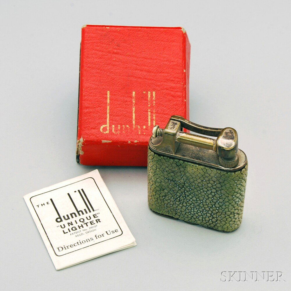 Dunhill Shagreen Lighter, boxed, with original instruct: Dunhill Shagreen Lighter, boxed, with original instructional pamphlet, green-tone shagreen skin, impressed factory mark to top, ht. 2 in.