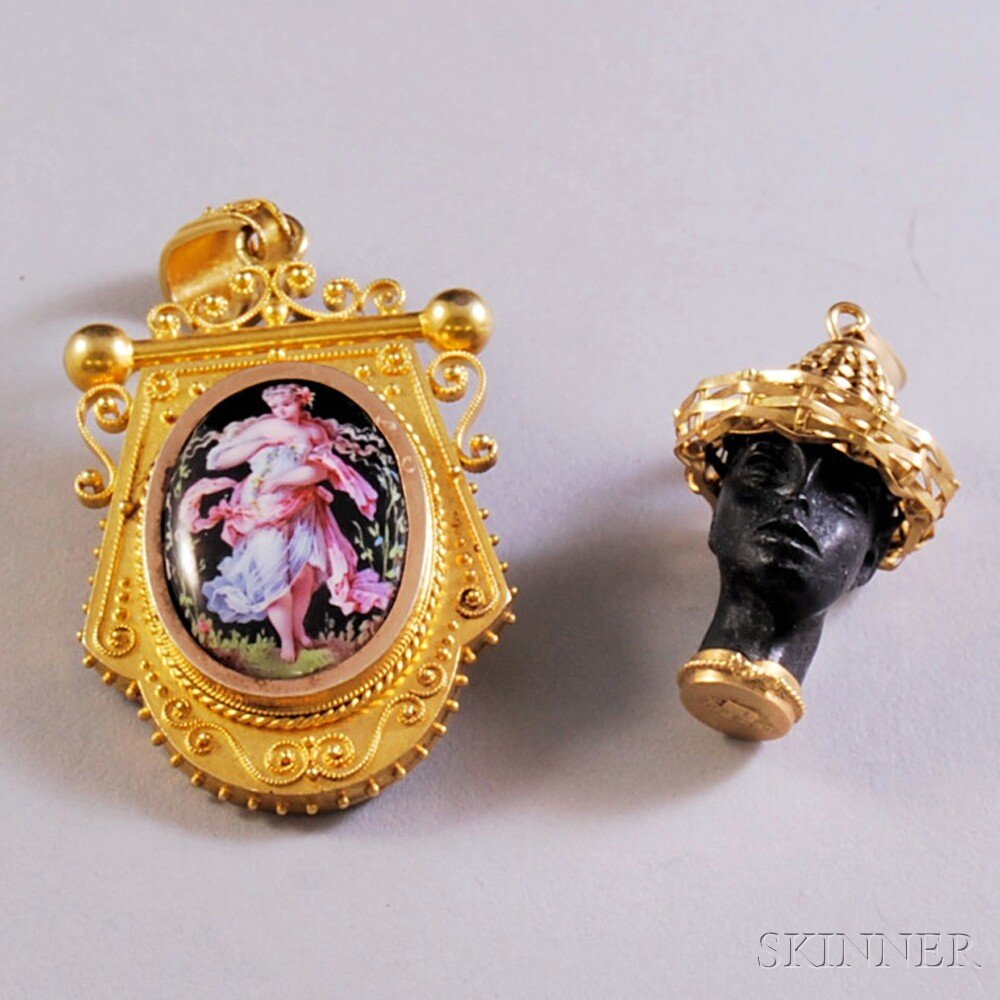 Two Antique-style Pendants, a blackamoor pendant with 1: Two Antique-style Pendants, a blackamoor pendant with 18kt gold detail at base of neck and woven 14kt gold hat, lg. 1 3/4, and a granulated 14kt gold locket pendant with painted porcelain plaque, 8.2 