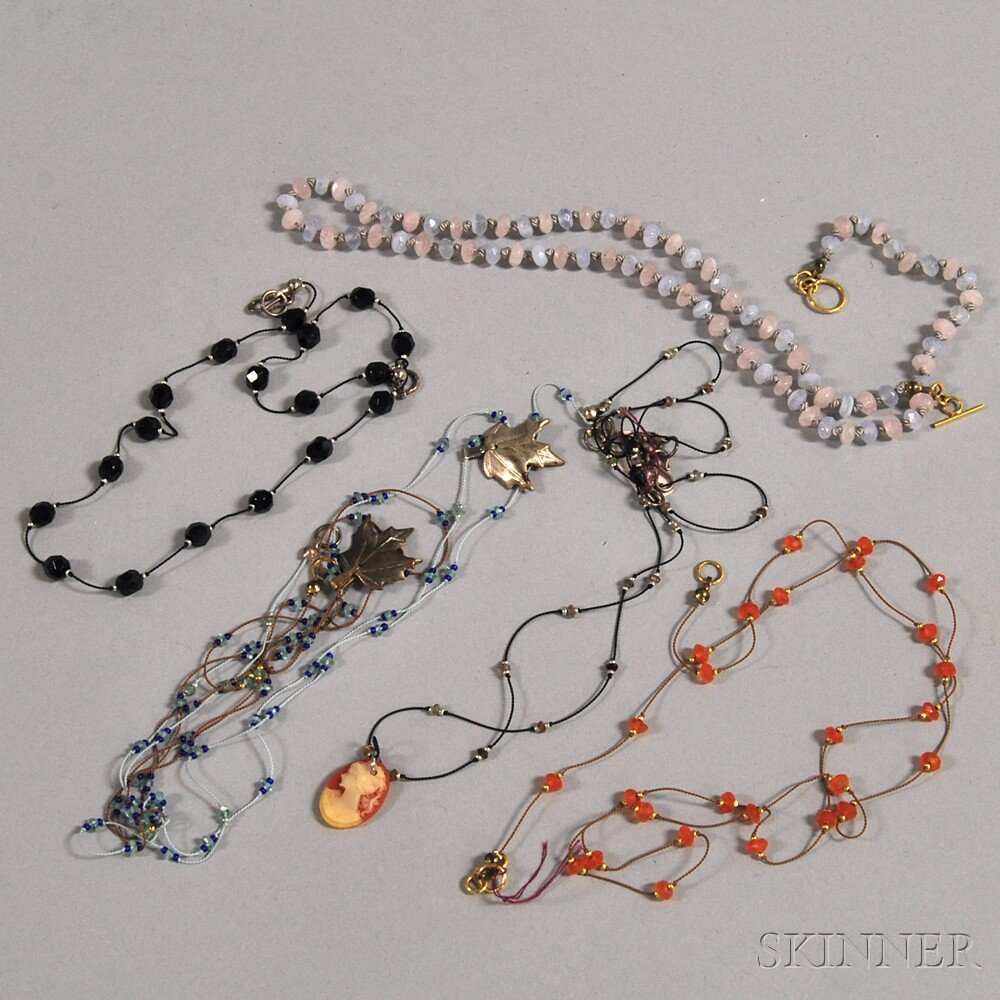 Six Hand-strung and Knotted Semiprecious and/or Hardsto: Six Hand-strung and Knotted Semiprecious and/or Hardstone Necklaces, on twisted silk cord, various styles, some with additional beadwork and charms, including vintage jet, carnelian, sapphire, and ros
