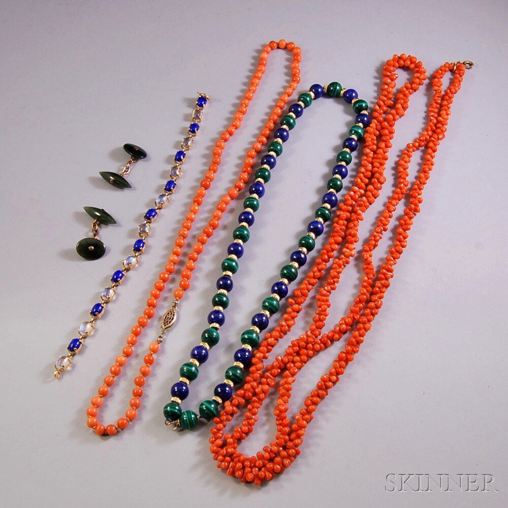 Group of Hardstone and Coral Jewelry, two coral necklac: Group of Hardstone and Coral Jewelry, two coral necklaces, a lapis and malachite beaded necklace with 14kt gold clasp and spacers, a pair of nephrite cuff links, and a 14kt gold, lapis, and moonstone 