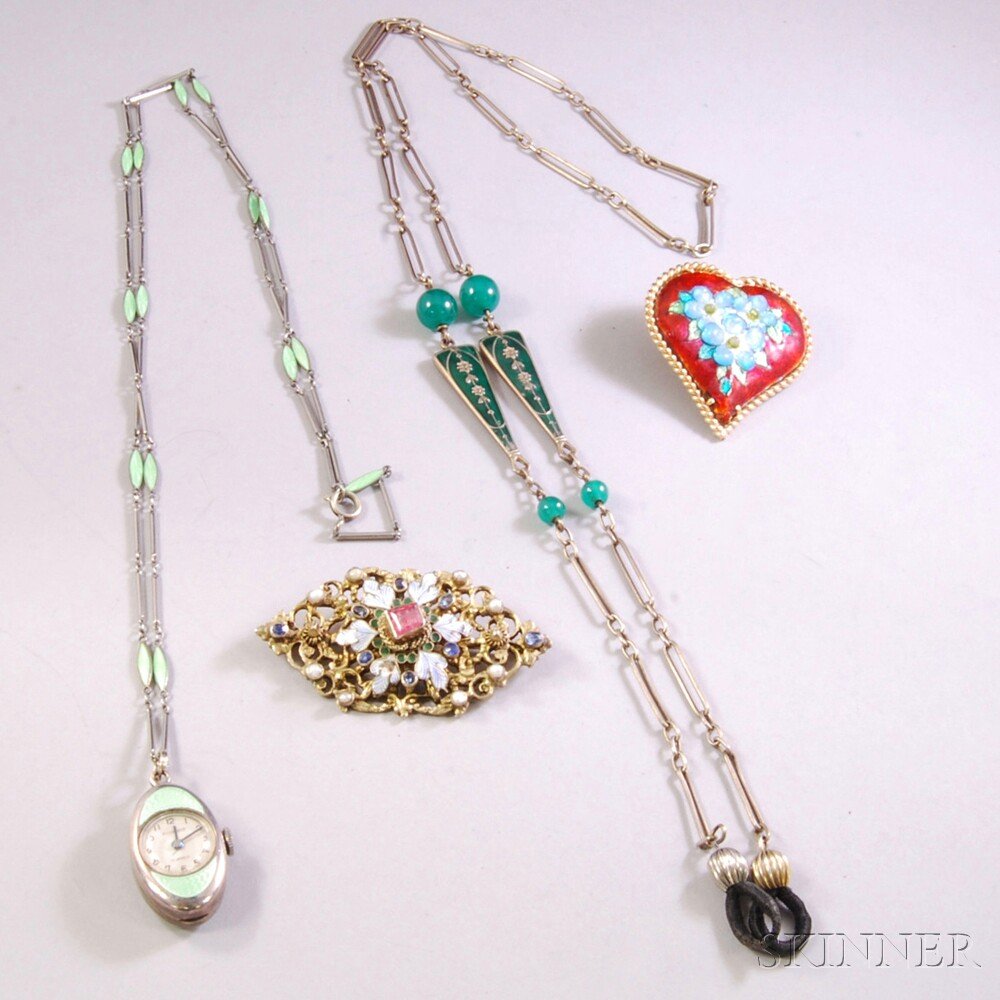 Small Group of Enamel Jewelry, a French 14kt gold and L: Small Group of Enamel Jewelry, a French 14kt gold and Limoges enamel heart pendant/brooch, a Bucherer sterling silver and spring green guilloche enamel watch on matching chain, a silver, green enamel,
