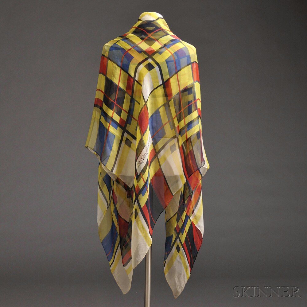 Yves Saint Laurent "Mondrian" Scarf, France, c. 1990s,: Yves Saint Laurent "Mondrian" Scarf, France, c. 1990s, black, red, blue, yellow, and white Mondrian-style patterned printed silk chiffon, "Yves Saint Laurent" printed in reserve at bottom left corner,