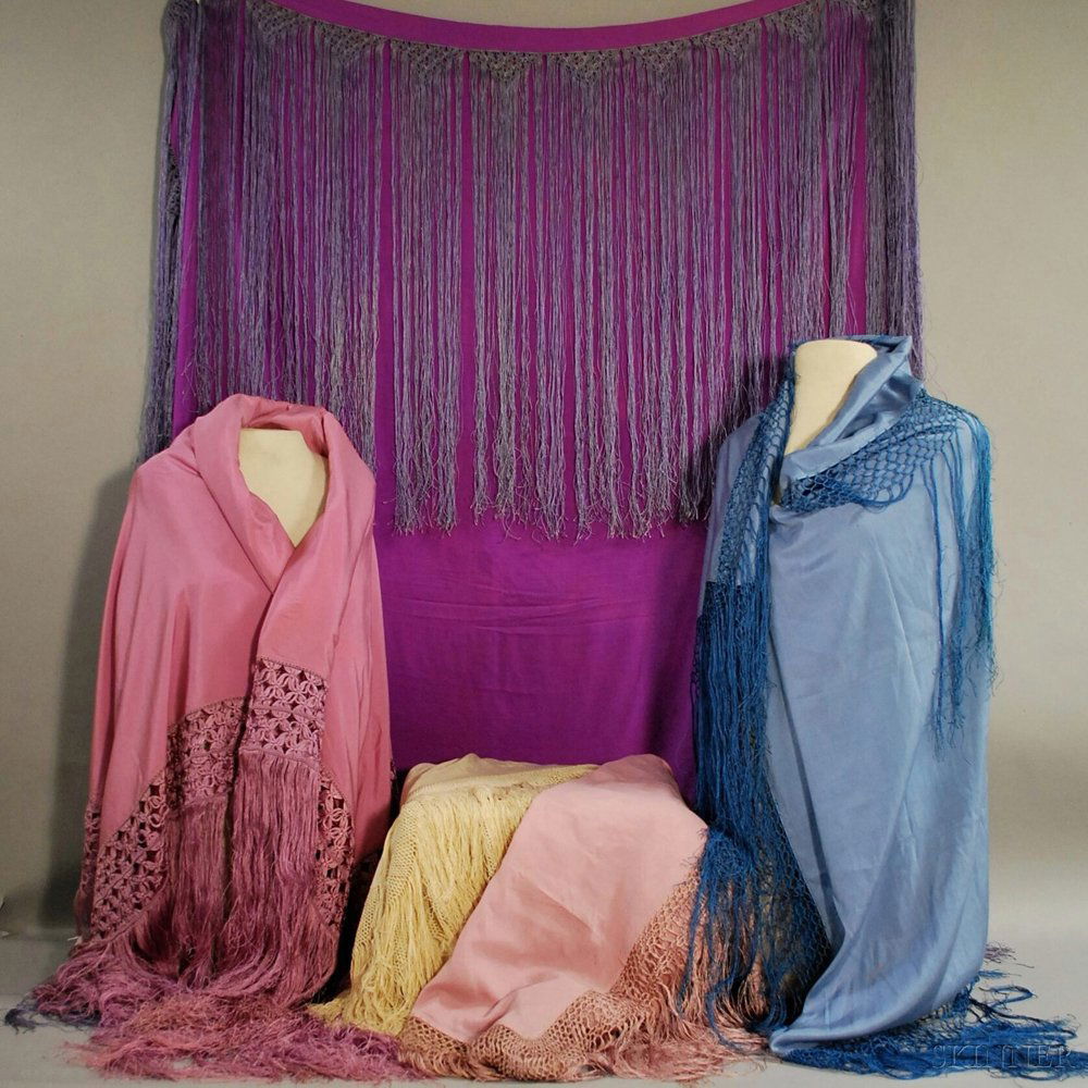 Five Monochrome Silk Fringed Shawls, America and/or Eur: Five Monochrome Silk Fringed Shawls, America and/or Europe, 19th/early 20th century, in cream, sky blue, and various shades of pink and purple, one violet-colored possibly designed by Callot Soeurs, a