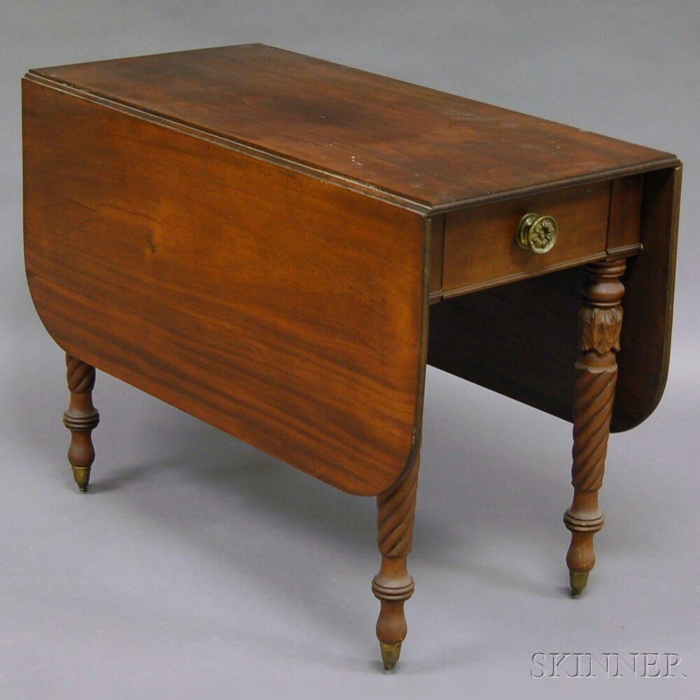 Classical Carved Mahogany Drop-leaf Table, ht. 28 3/4,: Classical Carved Mahogany Drop-leaf Table, ht. 28 3/4, lg. 38 3/4, wd. 18 1/2, leaf wd. 18 1/4 in.