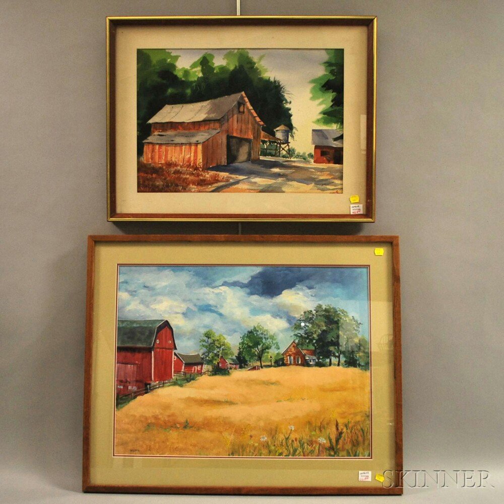 American School, 20th Century Two Framed Works: Farm Su: American School, 20th Century Two Framed Works: Farm Summer View, signed "W. Little" l.l., tempera on panel, sight size 17 1/2 x 23 1/2 in.; and The Old Barn and Water Tank, signed an