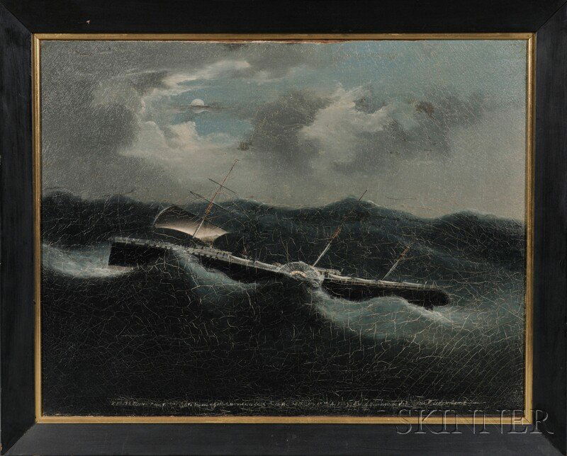 Anglo-American School, 19th Century Steamship in a Nort: Anglo-American School, 19th Century Steamship in a Northwest Gale on a Moonlit Night. The vessel, scene, and possibly the date and artist's name inscribed indistinctly below. Oil on canvas, 18 x 23 in