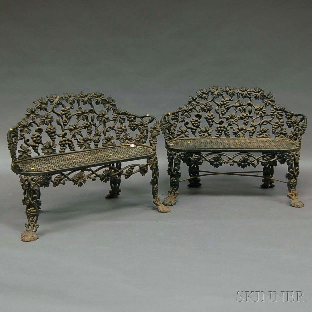 Pair of Black-painted Cast Iron Grapevine Pattern Garde: Pair of Black-painted Cast Iron Grapevine Pattern Garden Settees, lg. 43 1/4 in.