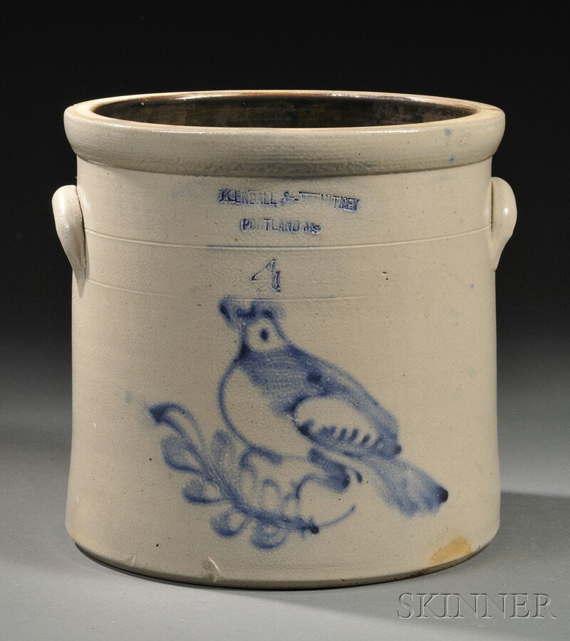 Stoneware Crock with Cobalt Bird on Branch Decoration,: Stoneware Crock with Cobalt Bird on Branch Decoration, "KENDALL & WHITNEY PORTLAND ME," late 19th century, four-gallon straight-sided crock with applied lug handles, decorated on the front with a free