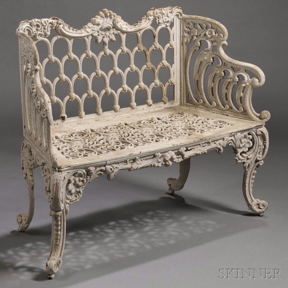 White-painted Rococo-style Cast Iron Garden Settee, lg.: White-painted Rococo-style Cast Iron Garden Settee, lg. 47 in.