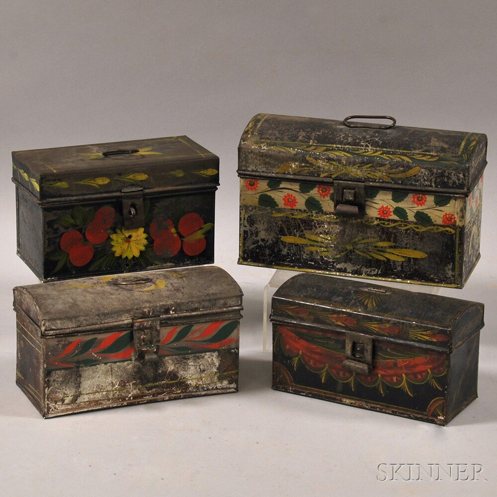 Four Small Paint-decorated Tinware Trunks, America, ear: Four Small Paint-decorated Tinware Trunks, America, early 19th century, three dome-top trunks: one painted with a white band embellished with red and green flowers, one with a white band with red and 