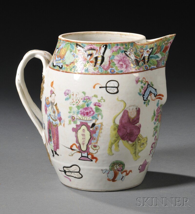 Chinese Export Porcelain Cider Jug, early 19th century,: Chinese Export Porcelain Cider Jug, early 19th century, barrel-form with reeded strap handle with gilt leaf terminals, the sides decorated with Buddhist emblems and figures, with make-do spout repair,