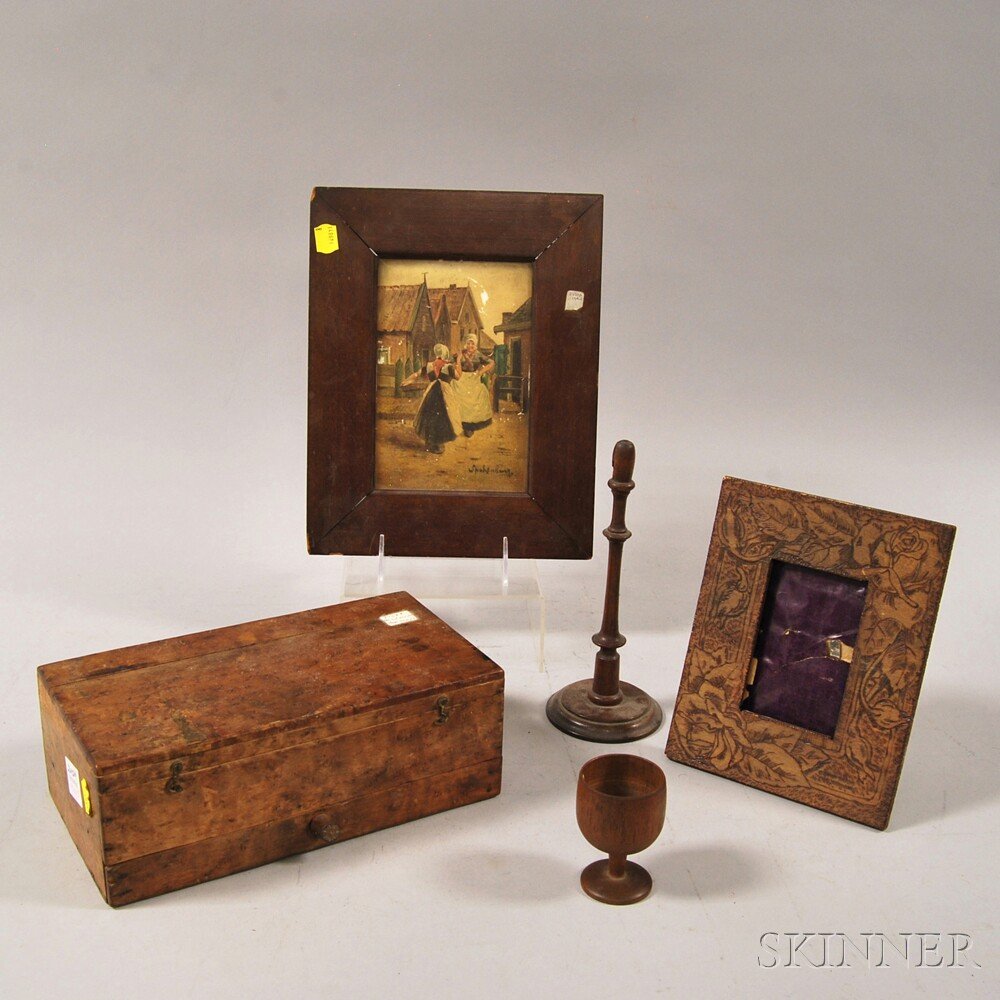 Five Decorative Items, including a bird's-eye maple box: Five Decorative Items, including a bird's-eye maple box, a pyrographic frame, a painted ceramic plaque in a wood frame, a turned wig stand, and a wood goblet.