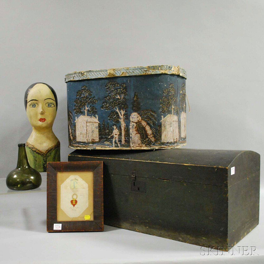 Five Mostly 19th Century Articles, a large oval wallpap: Five Mostly 19th Century Articles, a large oval wallpaper hat box with cover, a painted papier-mache milliner's model bust, an olive blown glass bottle, black-painted pine dome-top trunk, and a framed