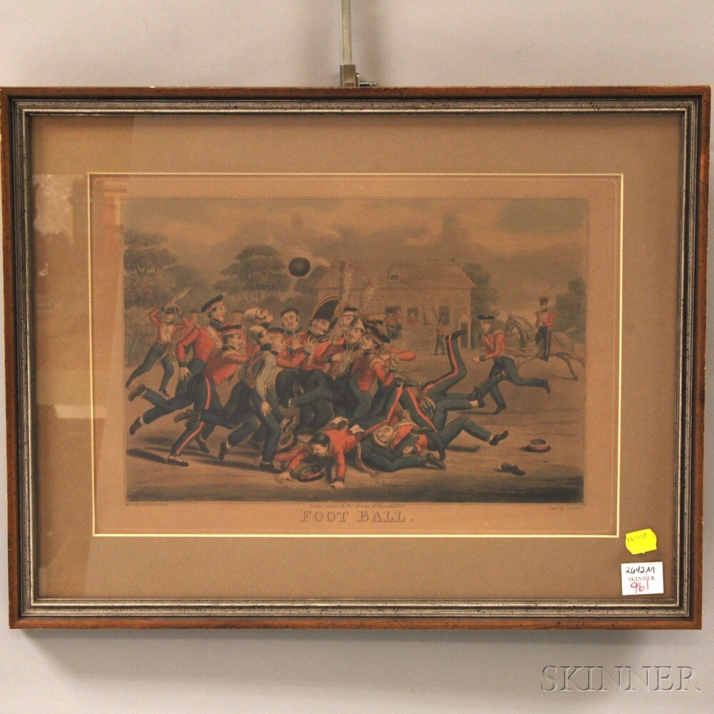 Hand-colored 19th Century Engraving "Foot Ball," drawn: Hand-colored 19th Century Engraving "Foot Ball," drawn by Robert Cruikshank, engraved by George Hunt, published by Thomas McLean, London, 1827, (toning, possible mat burn, not examined out of frame),