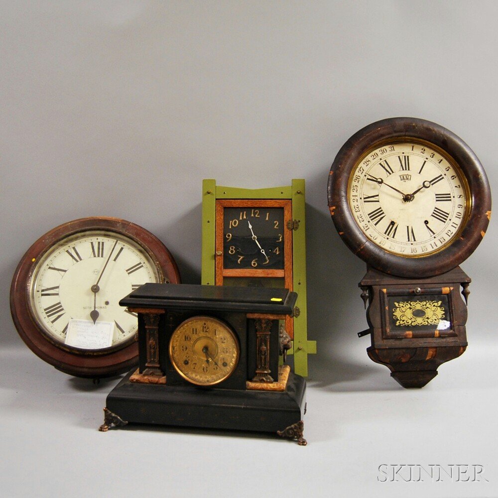Three Wall Clocks and a Mantel Clock, an Ansonia calend: Three Wall Clocks and a Mantel Clock, an Ansonia calendar clock with a Roman numeral metal dial, eight-day, time and strike movement, ht. 25 3/4 in.; an Arts & Crafts-style green-painted clock with ei