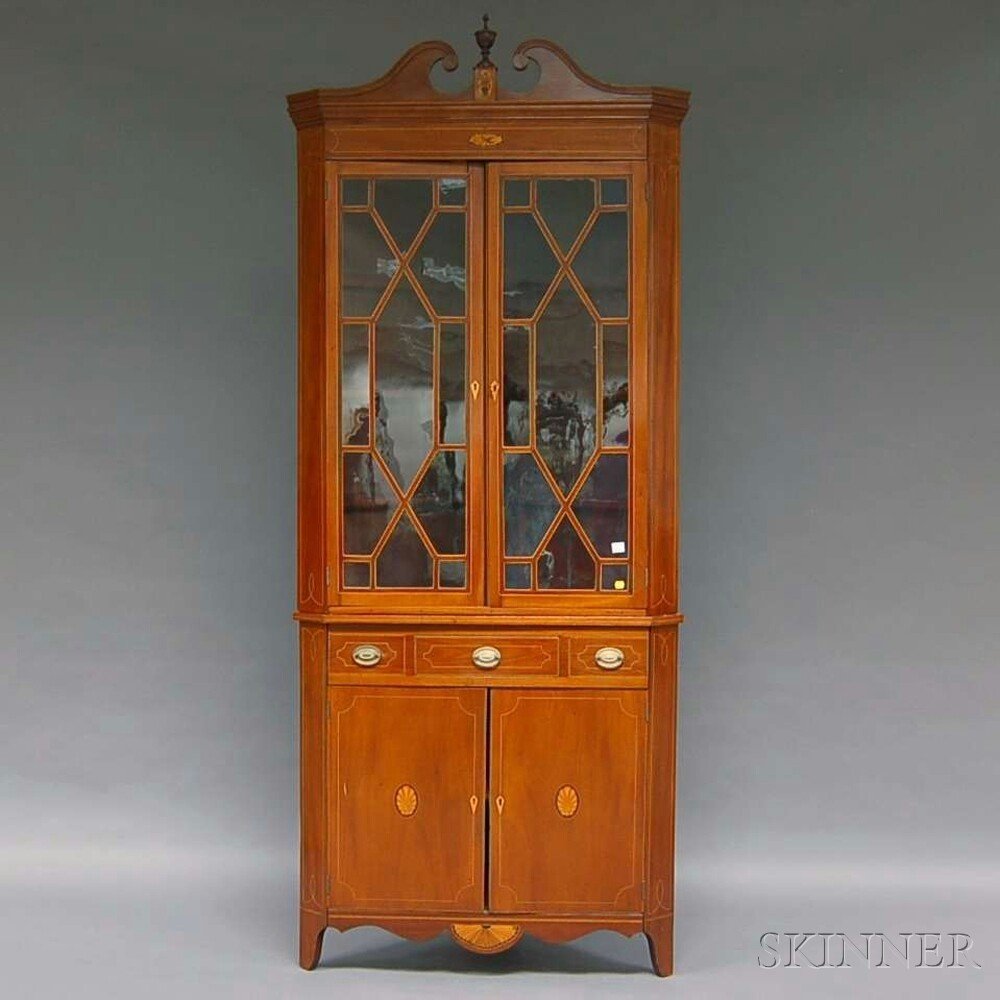 Federal-style Glazed Inlaid Mahogany Corner Cupboard, i: Federal-style Glazed Inlaid Mahogany Corner Cupboard, in two parts, approx. ht. 93 3/4, wd. 39, dp. 21 1/2 in.