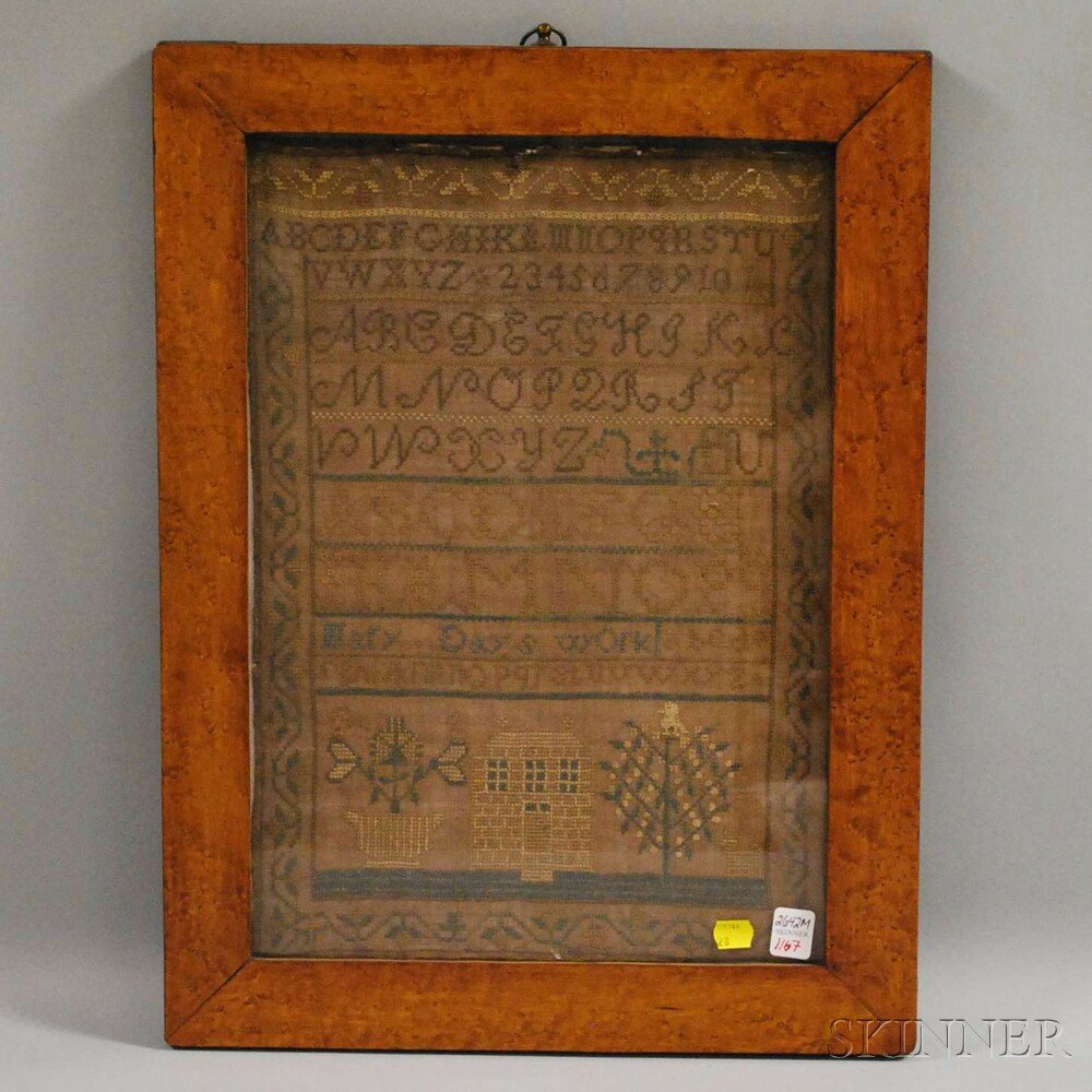"Mary Days Work" Needlework Sampler in Bird's-eye Maple: "Mary Days Work" Needlework Sampler in Bird's-eye Maple Frame, sight size 16 x 21 1/2 in.