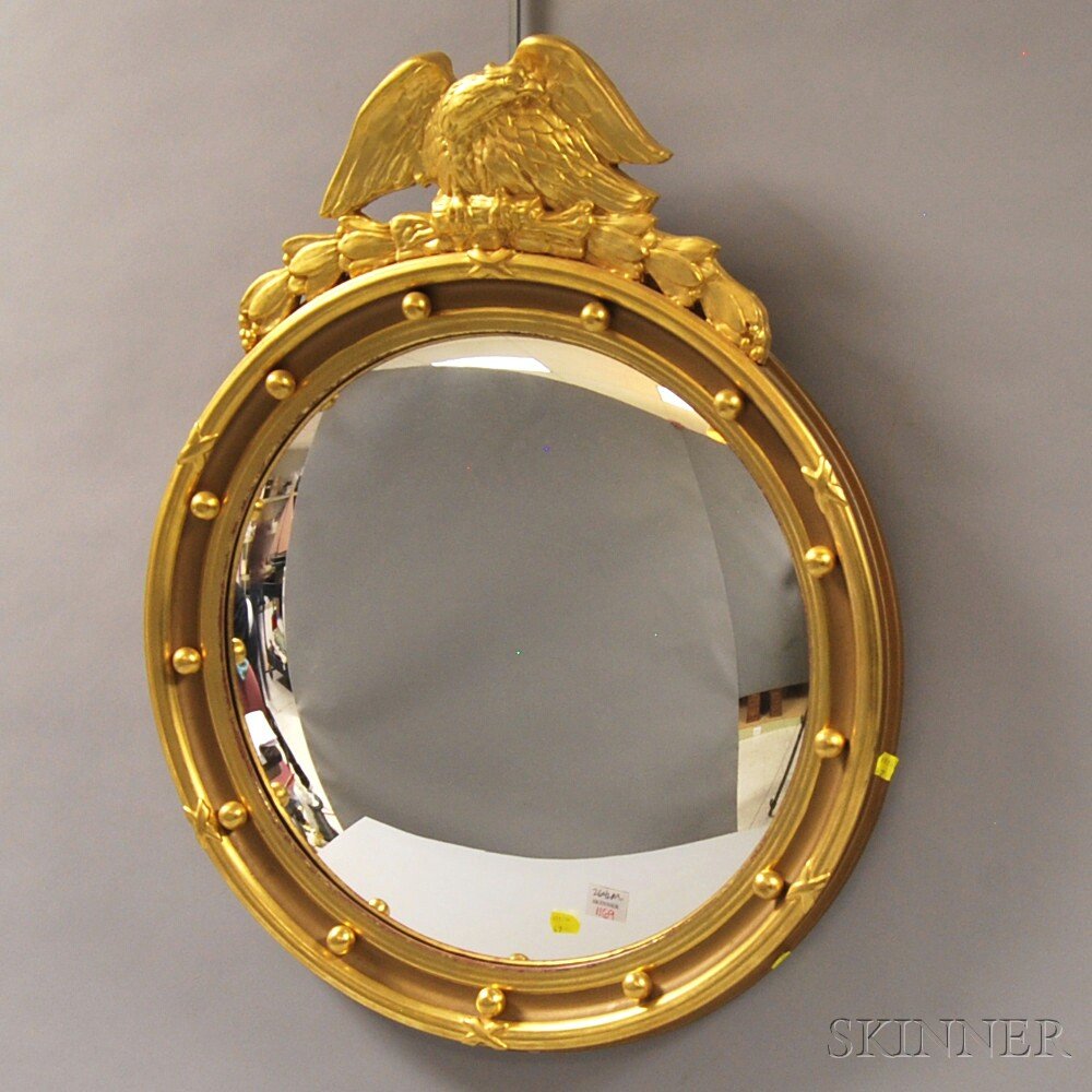 Federal-style Giltwood and Gesso Girandole Convex Mirro: Federal-style Giltwood and Gesso Girandole Convex Mirror, approx. lg. 27 1/4 in.