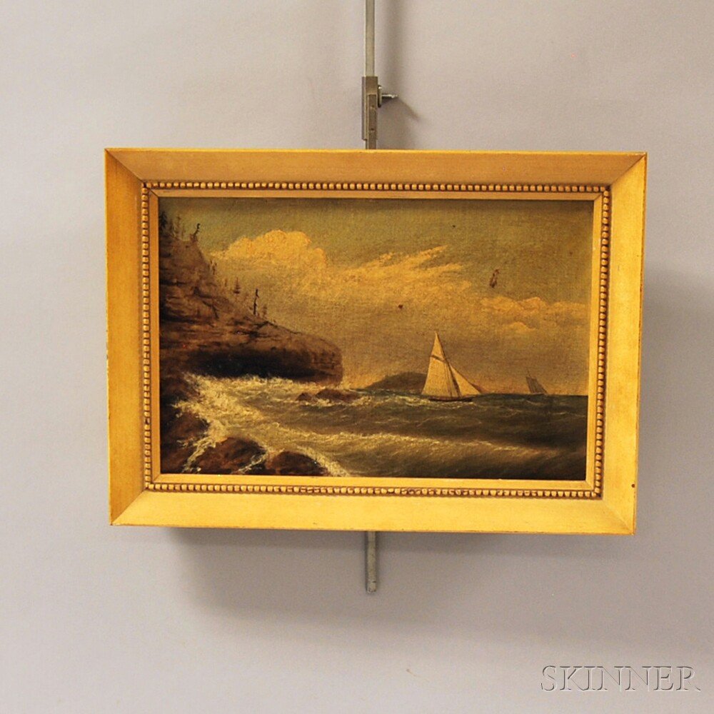 Clement Drew (American, 1806-1889) Schooner Head Mt. De: Clement Drew (American, 1806-1889) Schooner Head Mt. Desert. Signed "C. Drew" l.r., and titled, signed, and dated on reverse. Oil on canvas, 8 x 12 in., framed.