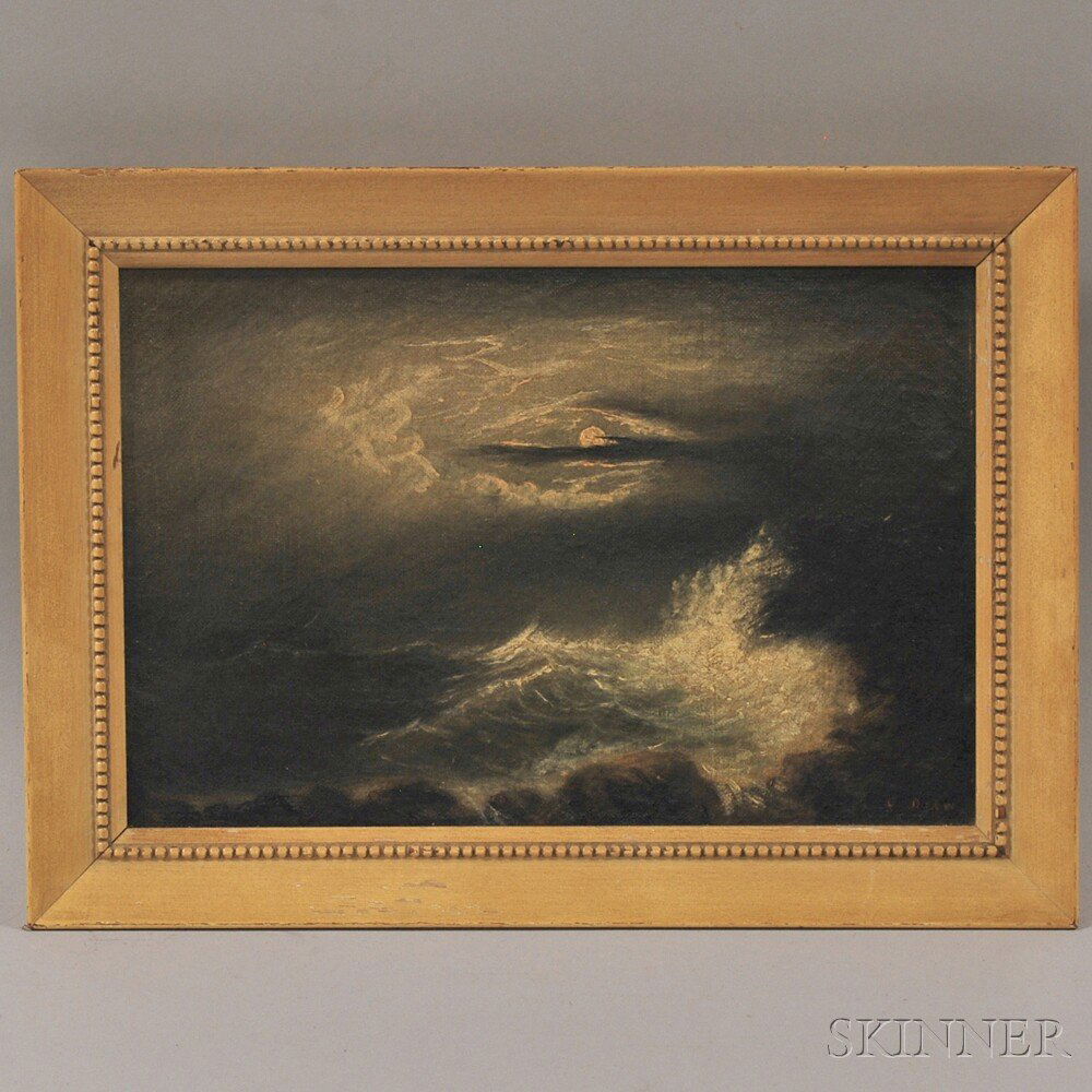 Clement Drew (American, 1806-1889) Moonlight View of Pe: Clement Drew (American, 1806-1889) Moonlight View of Persian Head Gloucester...Gale Sept. 1882. Signed "C. Drew" l.r., and titled, signed, and dated on reverse. Oil on canvas, 8 x 12 in., framed.