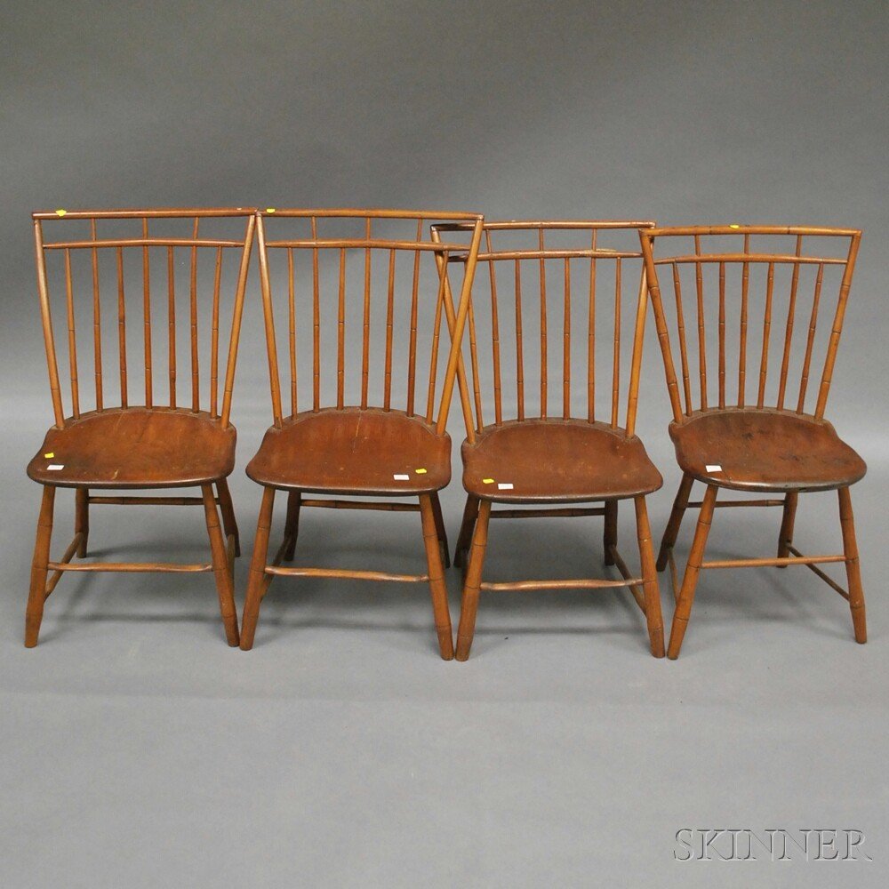 Four Windsor Birdcage Side Chairs, three branded "H Lan: Four Windsor Birdcage Side Chairs, three branded "H Lanphear" on underside of seat and stamped "S. GRAGG BOSTON."