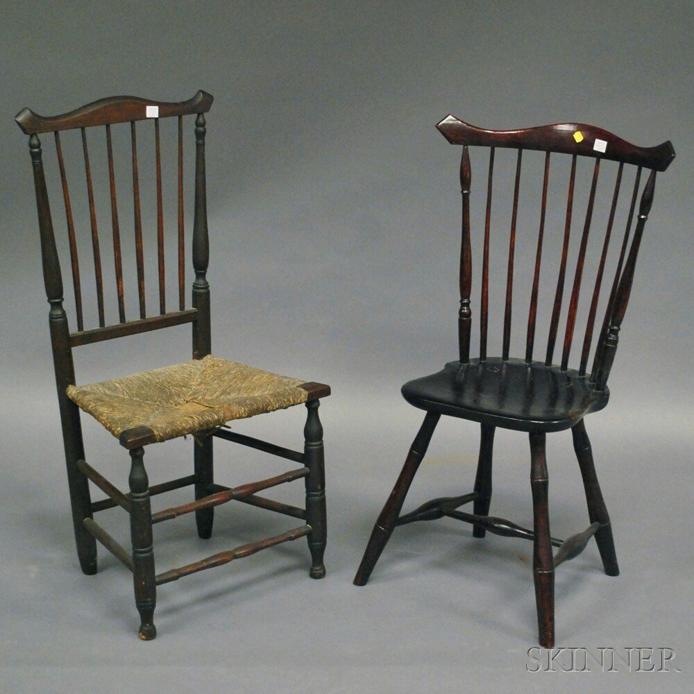 Two Wooden Side Chairs, a Windsor fan-back and a rod-ba: Two Wooden Side Chairs, a Windsor fan-back and a rod-back.