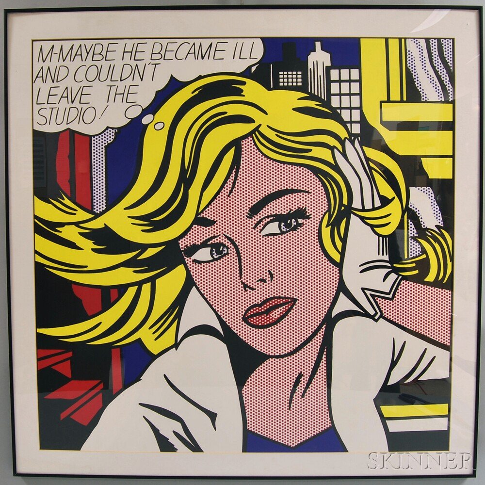 After Roy Lichtenstein (American, 1923-1997) M....Maybe: After Roy Lichtenstein (American, 1923-1997) M....Maybe, 1965. Unsigned. Screenprint, sight size 33 x 33 in., framed. Condition: Scattered creases, not examined out of frame.
