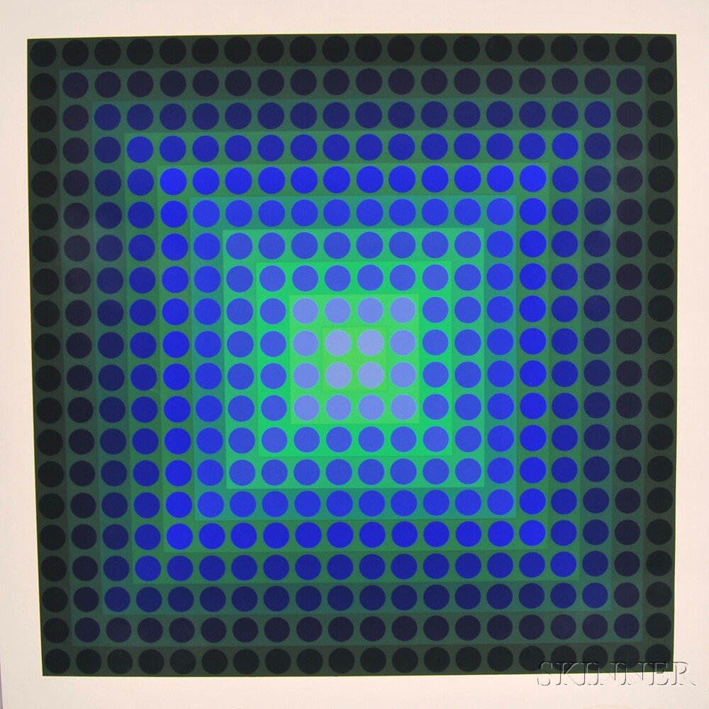 Victor Vasarely (French/Hungarian, 1906-1997) Permutati: Victor Vasarely (French/Hungarian, 1906-1997) Permutations (Blue Dots on Green). Numbered and signed "13/150..." in pencil in the margin, stamped "DENISE RENE EDITEUR" l.l., identified on a label f