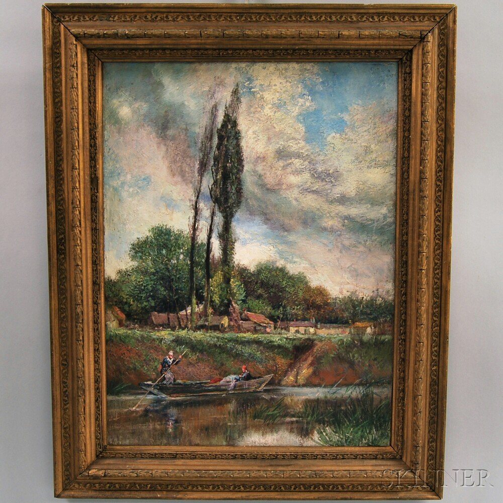 Continental School, 20th Century Ponting on a River. Un: Continental School, 20th Century Ponting on a River. Unsigned. Oil on canvas, trimmed and laid on board, 21 x 16 1/4 in., framed. Condition: Slight buckling, surface grime.