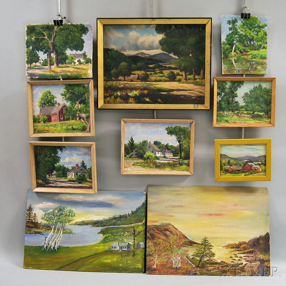 Arthur E. Ward (American, 1863-1928) Ten Landscapes. On: Arthur E. Ward (American, 1863-1928) Ten Landscapes. One signed l.l. Oil on canvas and canvasboard, sizes to 13 x 18 in., six framed, four unframed. Condition: Some with tack holes to edges, craquel