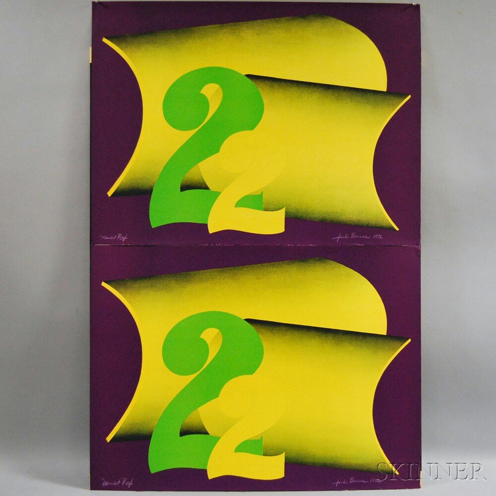 Jack Brusca (American, 1939-1993) Two Lithographs: The: Jack Brusca (American, 1939-1993) Two Lithographs: The Number Two, 1972. Both signed, dated, and inscribed "Mourlot Proof..." in grease pencil l.l. and l.r. Screenprints, sheet sizes 22 x 30 in., unfr