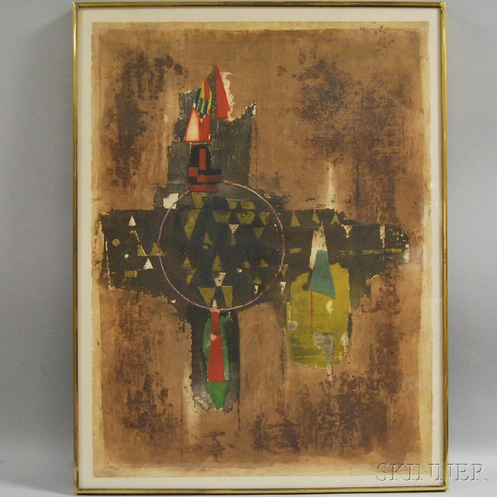 Johnny Friedlaender (German, 1912-1992) Abstract Compos: Johnny Friedlaender (German, 1912-1992) Abstract Composition with Circle. Signed "Friedlaender" in pencil l.r. Color etching with aquatint on paper, image/sheet size 30 x 22 3/8 in. (76.2 x 56.8 cm),