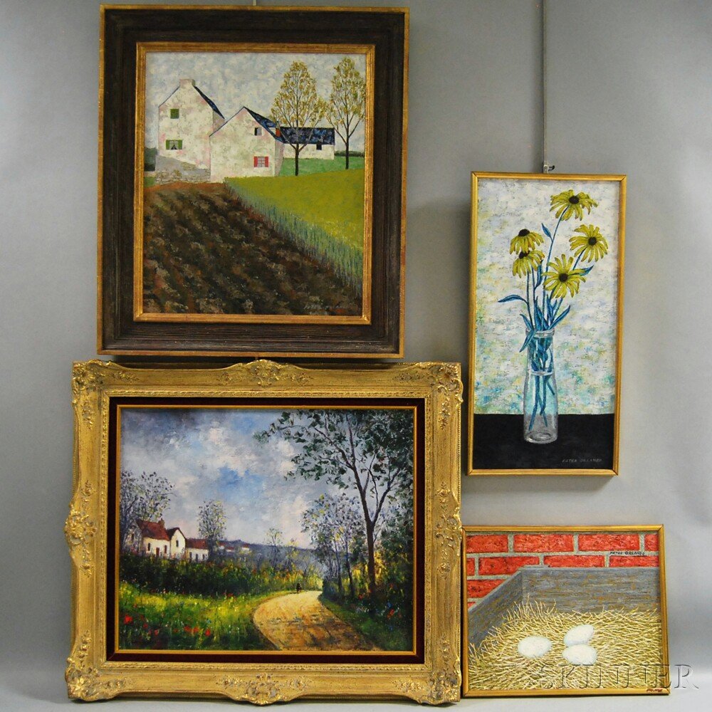 Louis Dali (French, 1905-2001) and Peter Orlando (Frenc: Louis Dali (French, 1905-2001) and Peter Orlando (French, b. 1921) Four Works. Three signed "PETER ORLANDO" l.r. and u.r., one signed "Louis Dali" l.l. Oil on canvas, sizes to 21 x 18 in., framed.