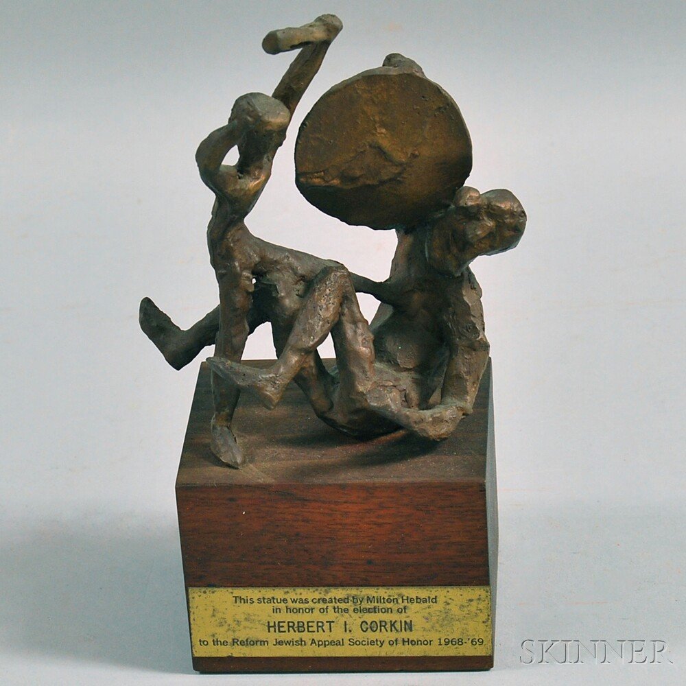 Milton Elting Hebald (American, b. 1917) Figures with C: Milton Elting Hebald (American, b. 1917) Figures with Club and Shield. Signed "HEBALD" within the cast on the shield reverse, identified on a presentation plaque. Bronze with light brown patina, 5 1/2