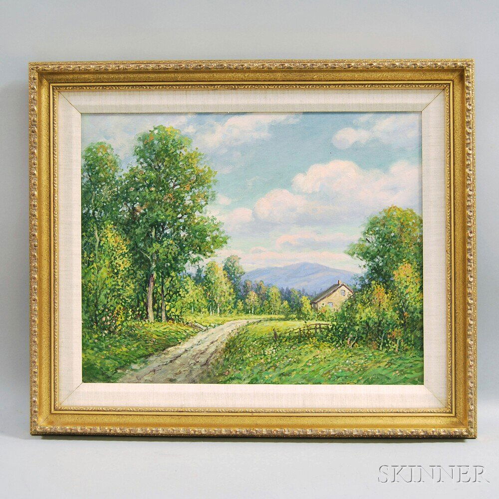 William Frederick Paskell (American, 1866-1951) Road to: William Frederick Paskell (American, 1866-1951) Road to the Cottage. Unsigned. Oil on canvas, 16 x 20 in., framed. Condition: Small accretion u.r. quadrant, craquelure.
